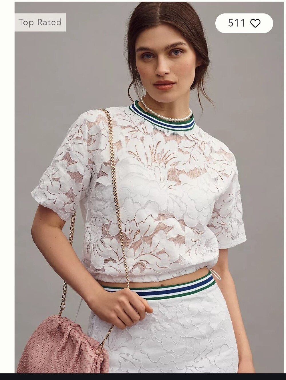 Maeve, Short-Sleeve Lace Pullover Top, White/Green/Blue, Size XS, MSRP $98 - Picture 1 of 8